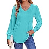 TICTICMISS Women's Pleated V Neck T Shirts Puff Long Sleeve Tops Casual Loose Fit Tunic Blouses