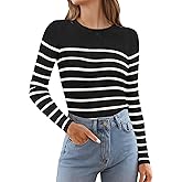 Am Direct Women's Long Sleeve Crew Neck Striped Ribbed Knit Sweater Slim Fit Casual Basic Top