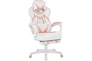 VONESSE Pink Gaming Chair with Footrest,Big and Tall Gaming Chairs for Adults,Girls Computer Chair for High Back and Massage,Reclining Gamer Chair(White/Pink)