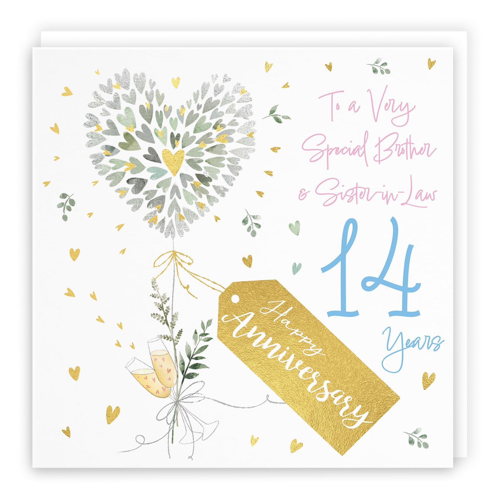 Hunts England - Brother And Sister-in-Law 14th Anniversary Card - 14 Years - Contemporary Hearts - Gold Foil - 14th Wedding Anniversary Card For Brother And Sister In Law - Milo's Gallery