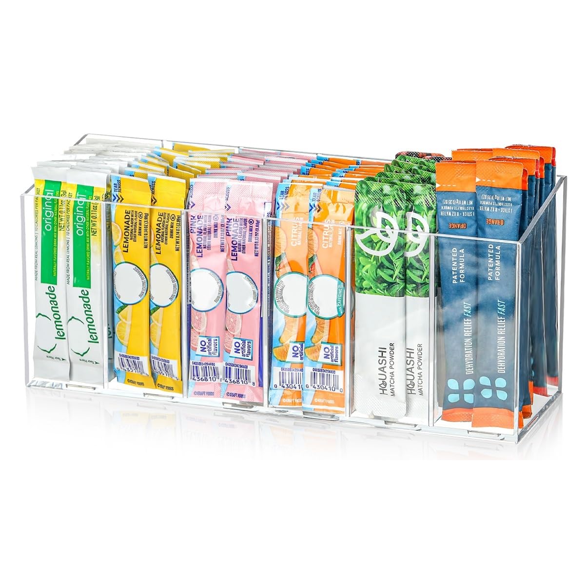 Photo 1 of AIEVE Drink Packet Organizer, Water Drink Packet Holder with Removable Divider, Water Flavor Packet Organization Container for Kitchen Organizers and Storage (6 Compartments)