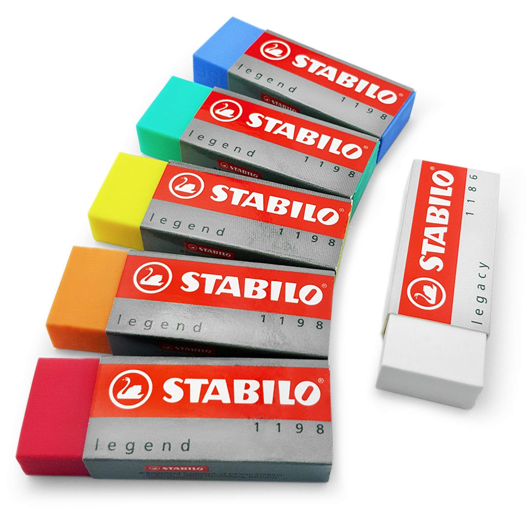 STABILO Legend & Legacy Plastic Rubber Eraser Mixed Set of 6 Erasers -One of Each Colour