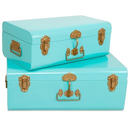 Elan Vintage Style Buxa Metal Trunk Set of 2 Aqua Gold Color/College Dorm & Bedroom Footlocker