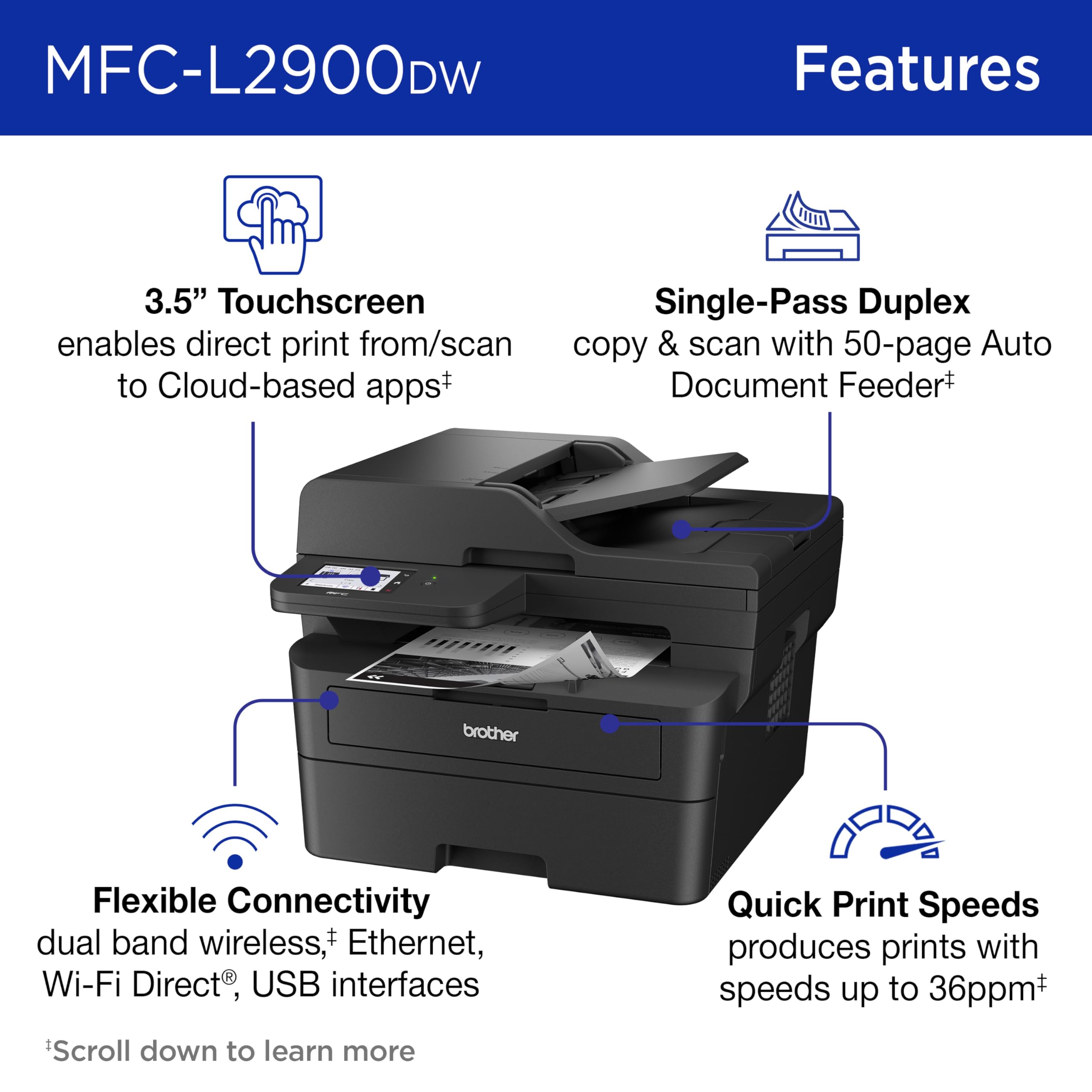 Brother Professional Laser Printer with Scanner, High-Speed 36 ppm Monochrome All-in-One, Wireless Duplex Printing and Scanning, Cloud-Ready 3.5 in Touchscreen for Small Business (MFC-L2900DW)