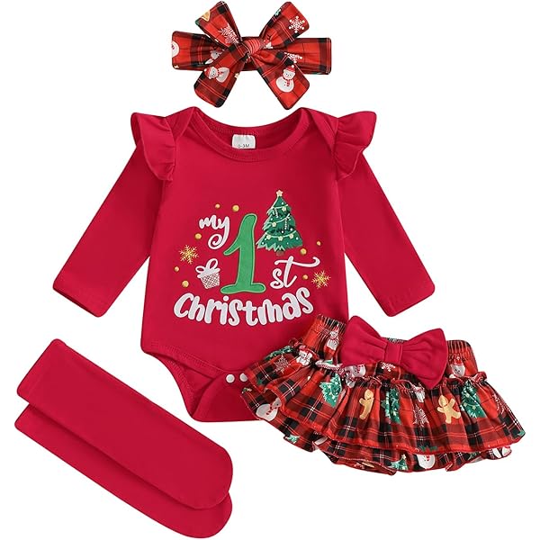 Baby Girl's First Christmas Outfit - Ruffle Sleeve Romper & Suspender Skirt Set For Newborns & Infants