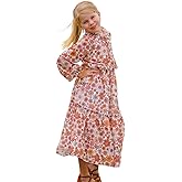 fioukiay Girls Fall Dress Long Lantern Sleeve V-Neck Floral Printed Smocked Waist Maxi Dresses Holiday