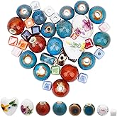 SOFPLATE 1 Box 145pcs Ceramic Round Flat Beads Ceramic Loose Beads Assorted Antique Sky Blue Orange Red Floral Flower Pattern Round Square Heart Bead Bulk for Jewelry Making Necklace Bracelets DIY