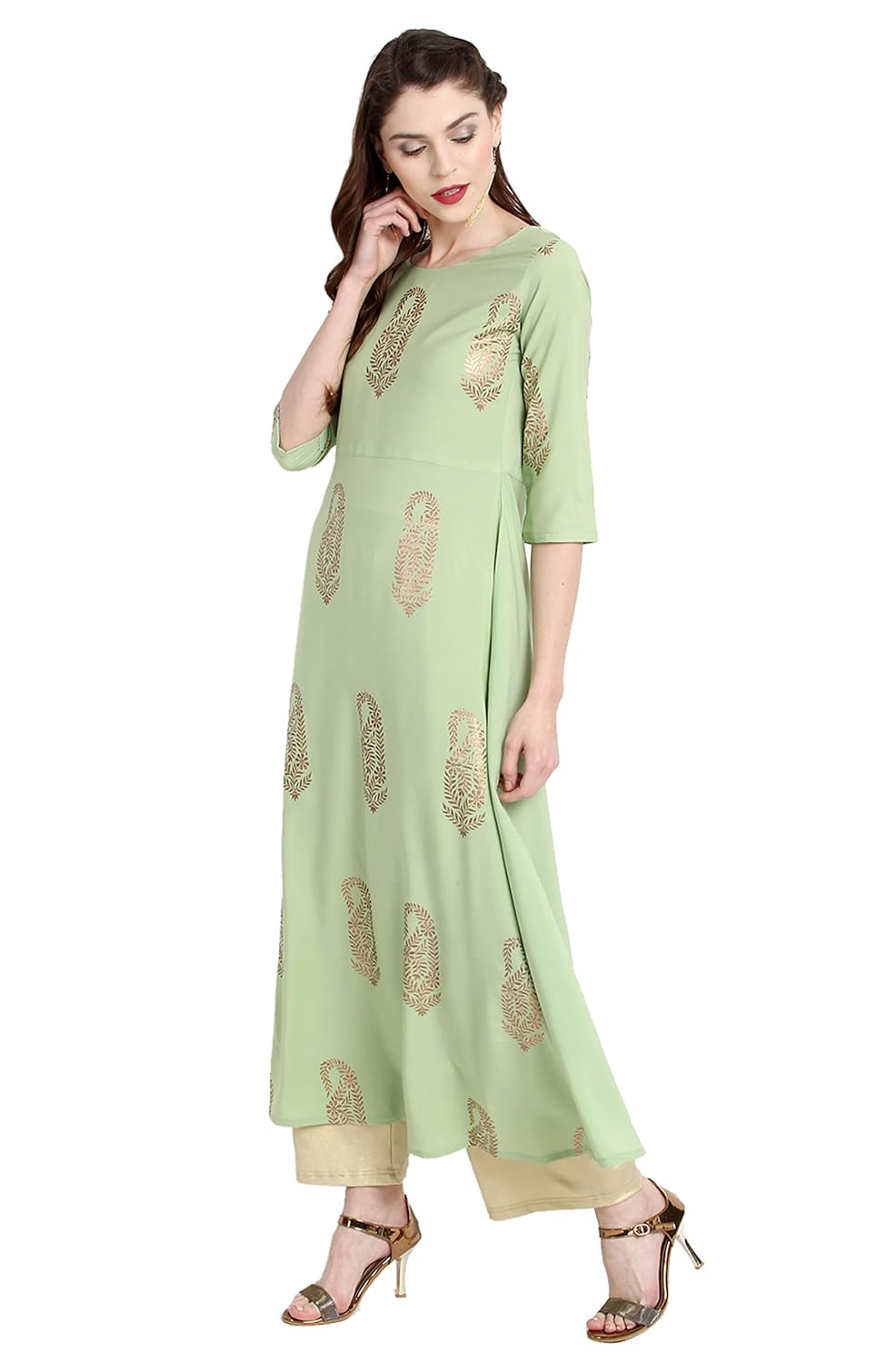 janasya women's crepe a-line gold foil print kurta