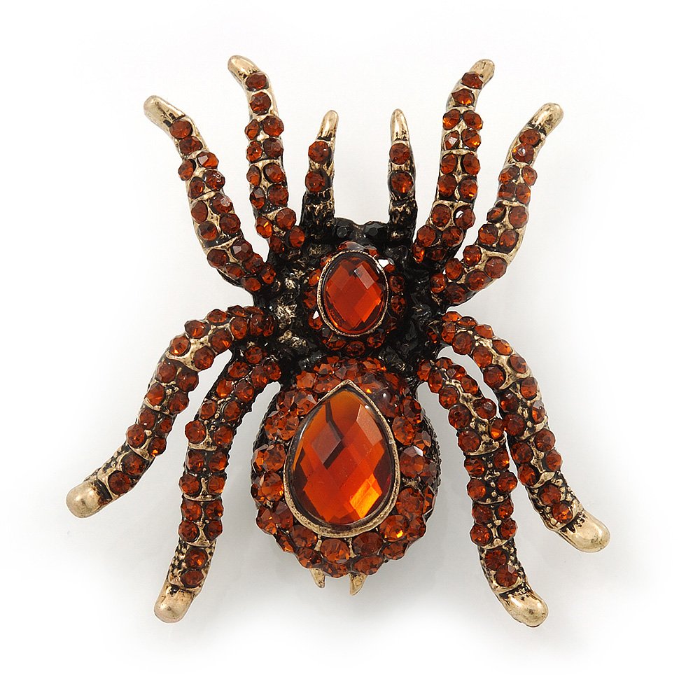 Large Smokey Topaz Coloured Crystal Spider Brooch In Antique Gold Finish - 6cm Length