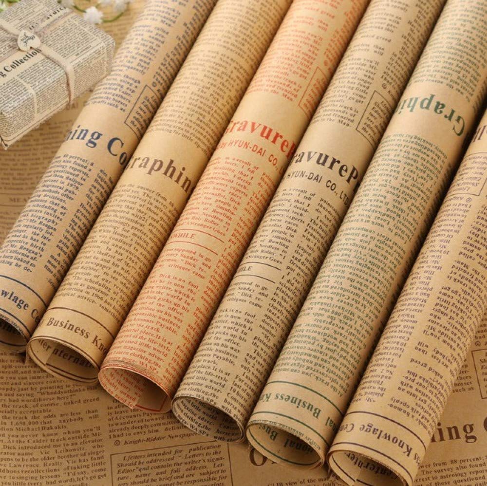 KAHEIGN 25 Sheets Christmas Wrapping Paper, 75 x 52cm Recycled Kraft Gift Wrap Papers Xmas Wrapping Paper Sheets Vintage Newspaper for DIY Gift Wrapping (5 Colors)