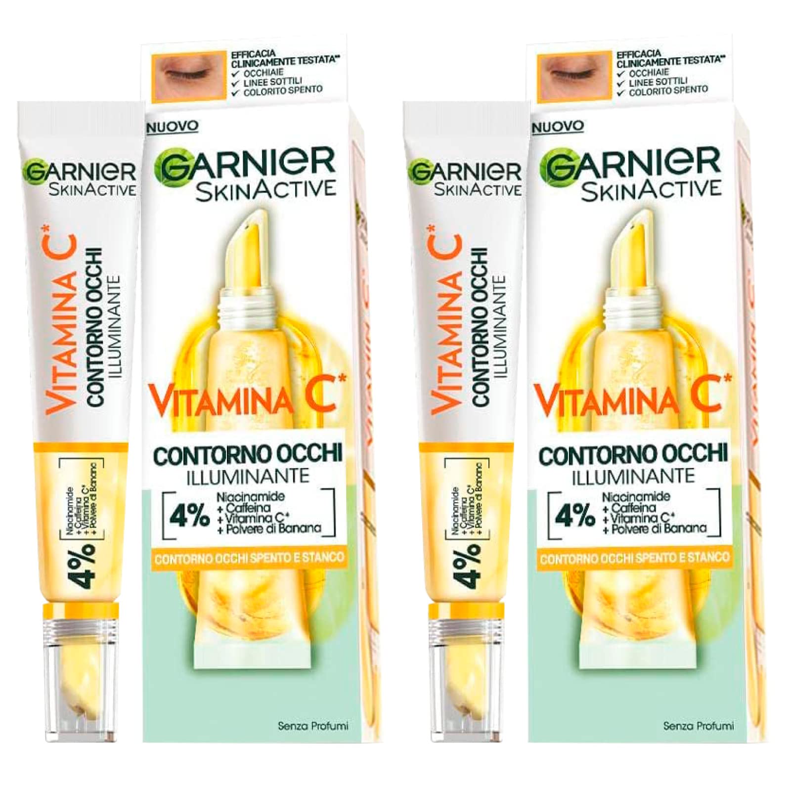 Garnier SkinActive Vitamin C Eye Contour Brightening Cream for Dull and Tired Eyes Vegan Formula with Niacinamide Caffeine and Banana Powder - 2 Bottles of 15ml