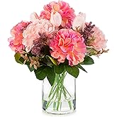 ENOVA FLORAL Tulip Real Touch Artificial Flower Arrangement with Vase, Mixed Dahlia Silk Flower in Vase for Dining Table Decorations, Wedding Centerpiece (Pink)