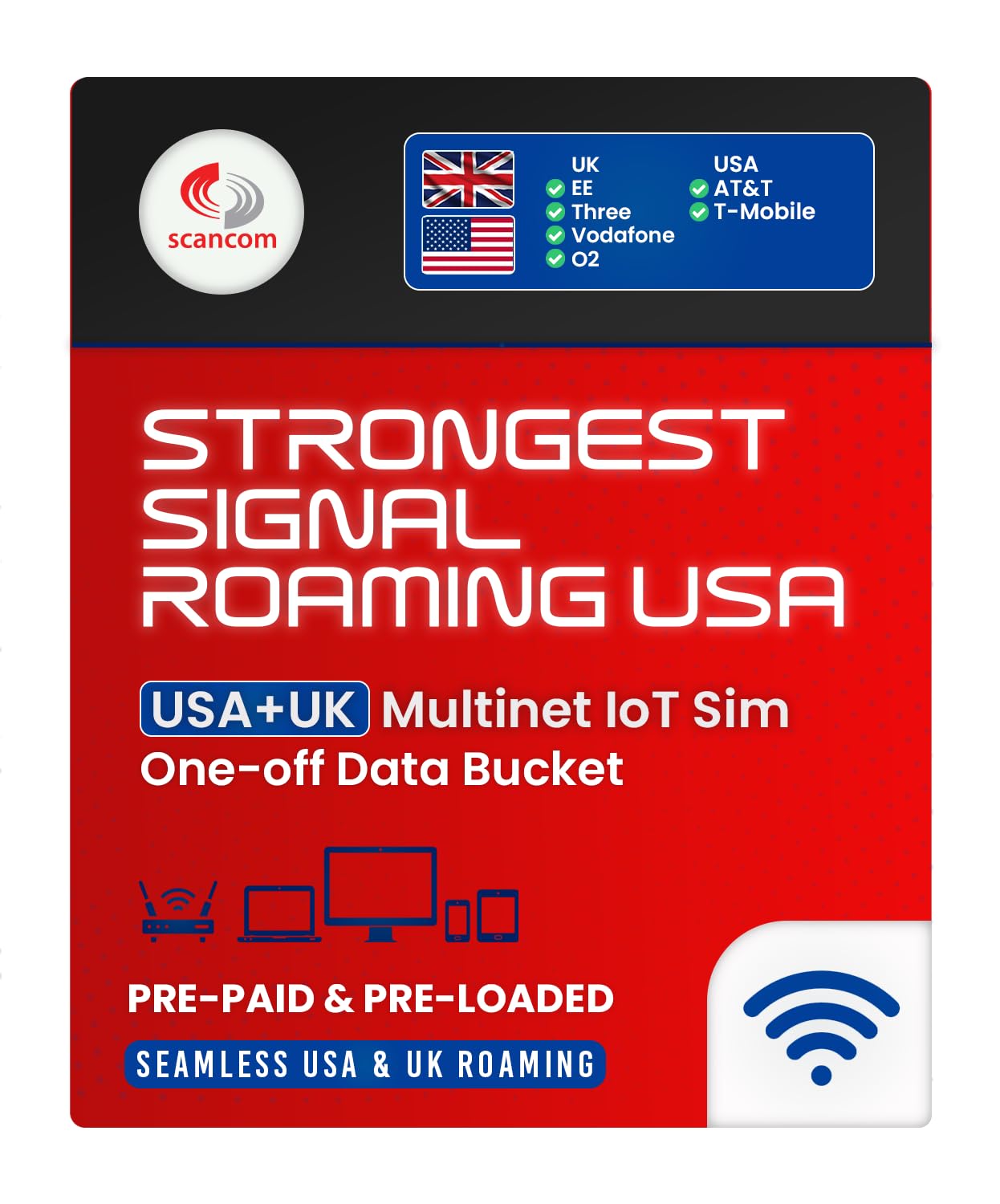 USA & UK Multi-Network Roaming Data Sim - Automatically switches networks to connect to the strongest signal at the Location - One-off Data Bucket that lasts 12 months from first use (5GB)