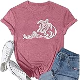 QFM Sea Turtle T Shirts Sea Wave Graphic Tees for Women Vintage Hawaiian Beach Shirts Summer Casual Short Sleeve Tops