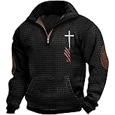 Christian Sweatshirt for Men Quarter Zip American Flag Jesus Cross Sweater with Elbow Patches Casual Pullover Tops