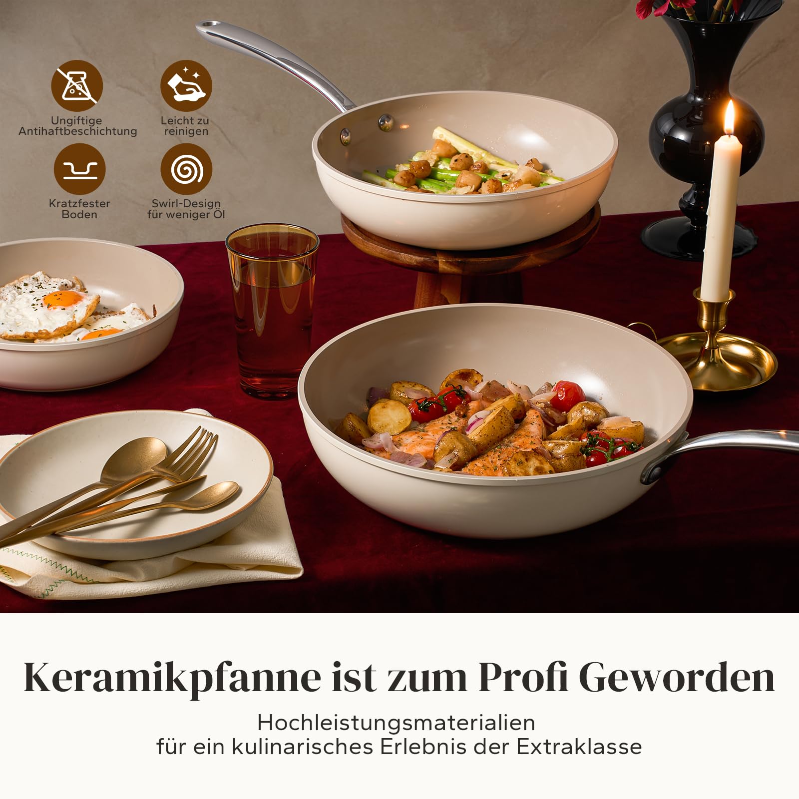 Redchef Pfannenset Keramik Aluminium Bratpfannen, Antihaft Keramik-beschichtet Pfannen Induktion 20/24/28 cm für alle Herdarten, PTFE-frei PFAS-frei PFOA-frei, Backofenfest (Beige) 6