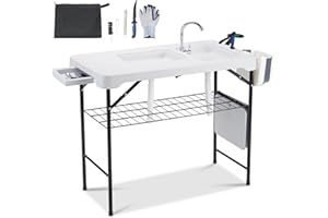 Dragosum 42'' Outdoor Fish Cleaning Table Portable Camping Sink Station with Double Sinks, Collapsible Swivel Faucet, Picnic Sink Table for Picnic Beach Patio