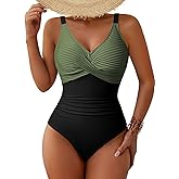 Pink Queen Women One Piece Swimsuit 2026 Patchwork Twist Front V Neck Ruched Tummy Control Swimwear Bathing Suits