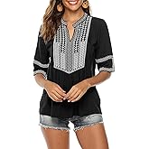 AK Women's Summer V Neck Boho Embroidered Mexican Shirts Short Sleeve Casual Tops Blouse
