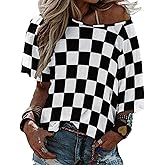 Ykklima Black White Race Checkered Flag Pattern Womens Tops Sexy Off Shoulder Shirts Casual Short Sleeve T-Shirt