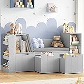 BOTLOG 61.5" Kids Reading Nook with 3-Layer Bookshelf, Reading Nook for Kids with Double Bench and Rolling Drawers, Bookshelf and Toy Storage for Nursery, Playroom (Gray)