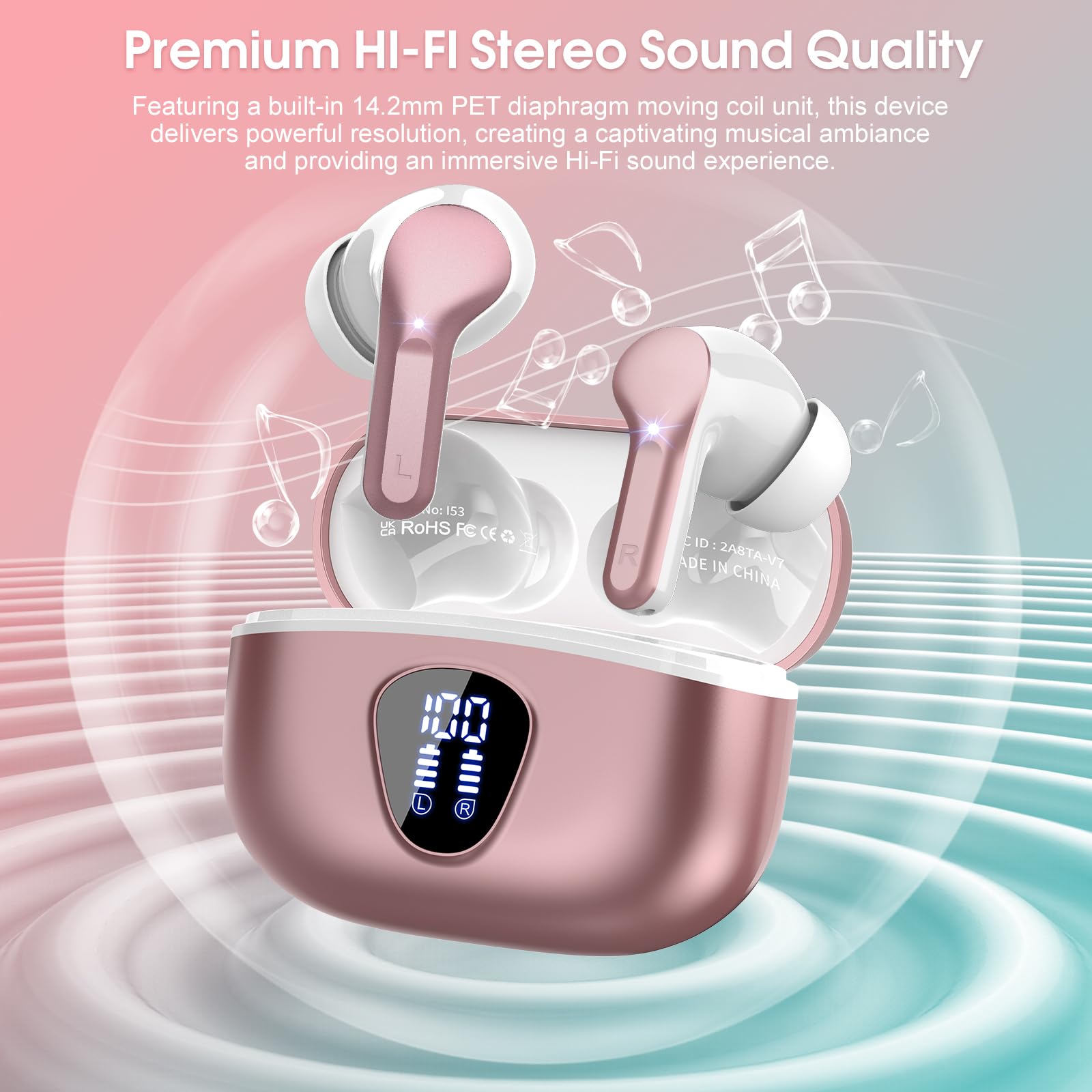 Wireless Earbuds, Bluetooth 5.4 Headphones HiFi Stereo, Bluetooth Earbuds with ENC Noise Cancelling Mic, IP7 Waterproof in Ear Earphones, 48H, LED Display Ear Buds for Pad Phones Workout, Rose Gold