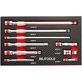 BILITOOLS 9-Piece Wobble Extension Set, 1/4 3/8 1/2 Drive, 2"-10" Lengths | Cr-V Steel, Knurled Grip, EVA Foam Tray, Mirror Chrome, Wobble Head Swivels 0-10 for Off-Center, for Tight Spaces.