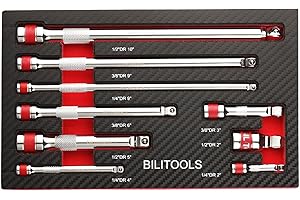 BILITOOLS Wobble Extension Set, 9 PCS 1/4", 3/8" and 1/2" Drive Ratchet Extension Set Flexible, Cr-V Steel