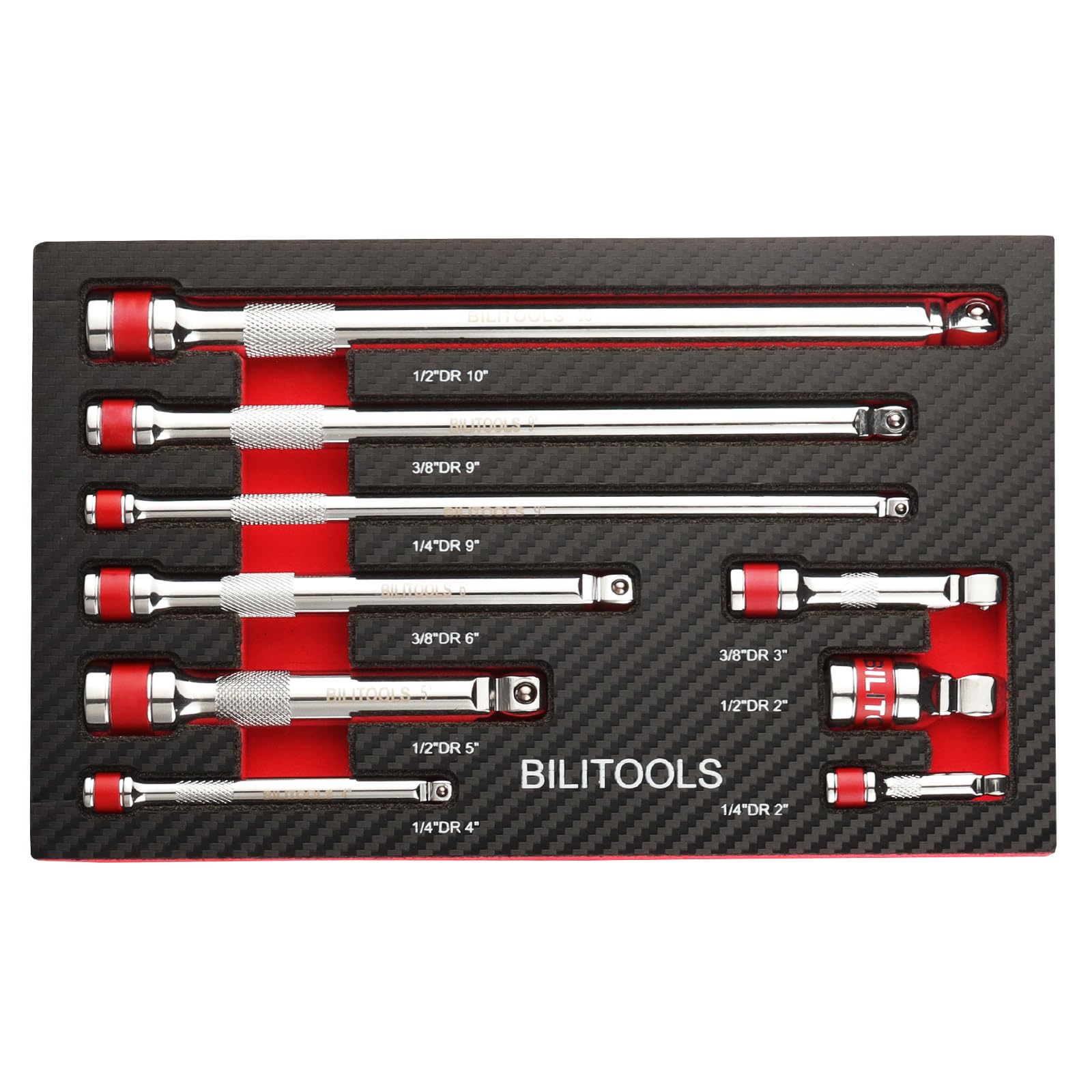 Photo 1 of BILITOOLS Wobble Extension Set, 9 PCS 1/4", 3/8" and 1/2" Drive Ratchet Extension Set Flexible, Cr-V Steel