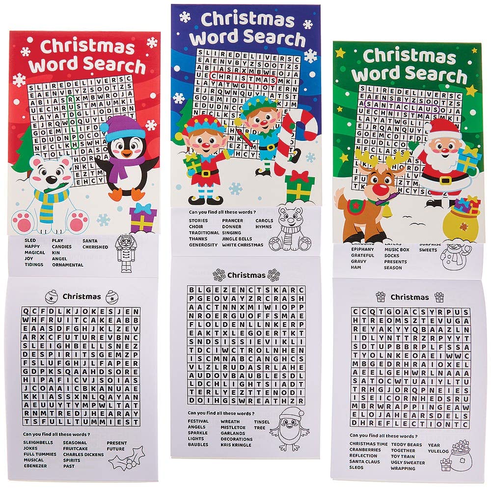 Baker Ross FX331 Christmas Word Search Puzzle Books - Pack of 8, Entertaining Travel Activities, Xmas Party favours, Kids Word Search Book