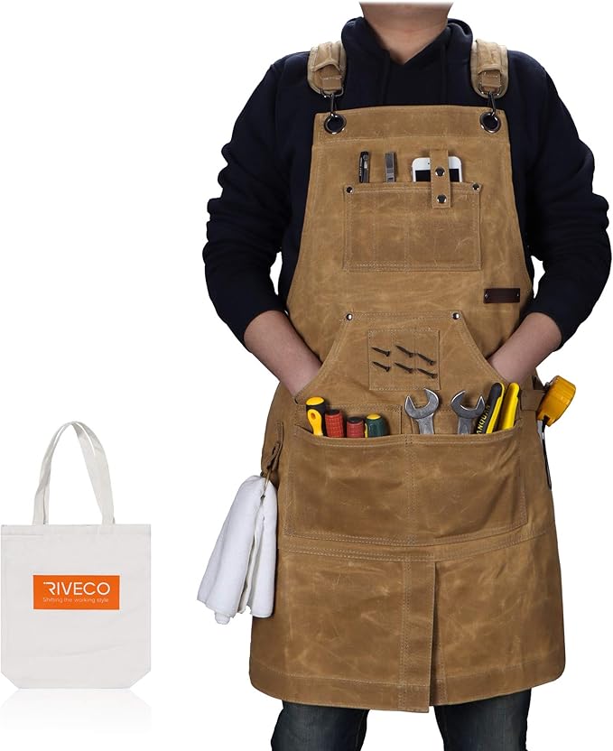 RIVECO Waxed Aprons for Men Woodworking Tools Pockets Split Bottom