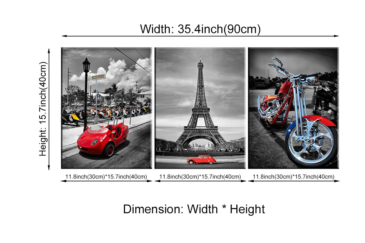 YPY Eiffel Tower Wall Art Red Car Motorcycle Picture Prints On Canvas for Home Bedroom Decoration 3 Panels