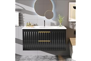 Buytime 36" Bathroom Vanity with Sink, Floating Vanity Bathroom Sink Cabinet Wall Mount, Soft-Close Function 2 Large Drawers, Grooved Stripe Design, Hidden Damping Drawers, Black