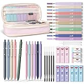 Smallbudi 43PCS Aesthetic School Supplies with Pen Case, 5 Black Ink Gel Pens, 12 Pastel Highlighters, 6 Mechanical Pencil Set 0.5 & 0.7 & 0.9 mm, Back To School Supplies for Students Stationary