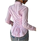 GORGLITTER Women's Striped Fitted Tops Lace Up Tie Back Shirt Y2K Long Sleeve Collared Button Down Blouse