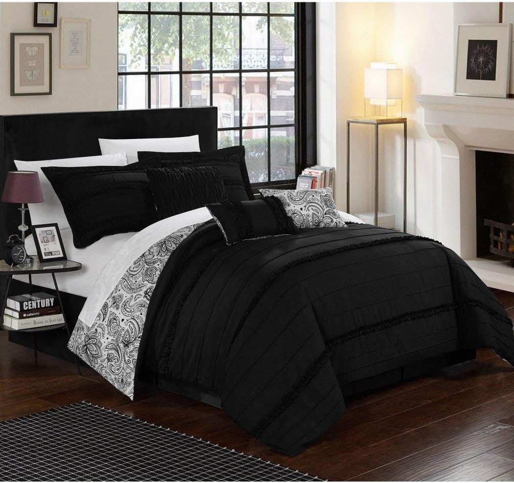 6 Piece Jet Black White PLated Ruffled Paisley Floral Theme