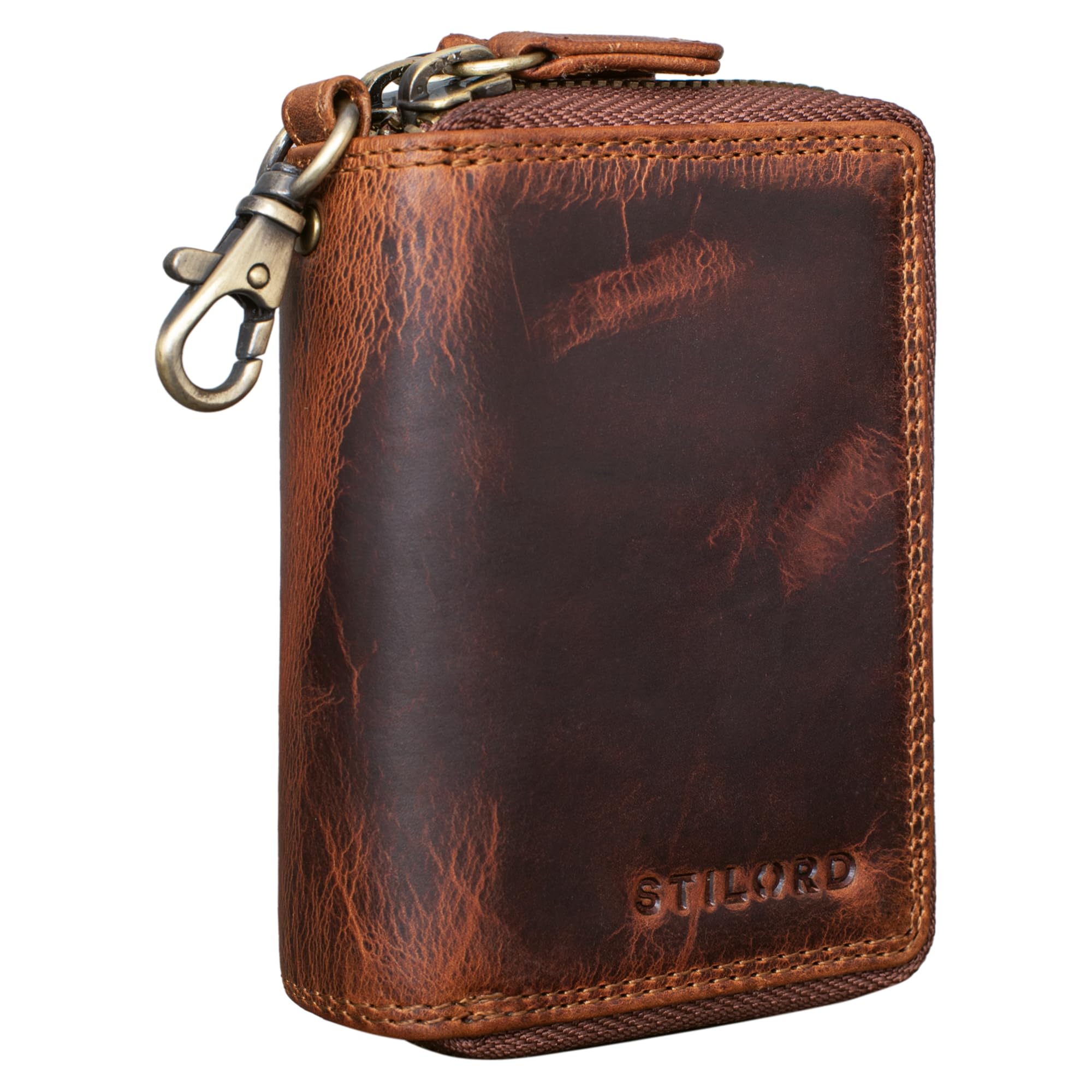 STILORD 'Amell' Genuine Leather Card Case with Key Ring 2-in-1 Mini Wallet and Card Case with EC Compartment RFID Protection, Colour:Kara - Cognac