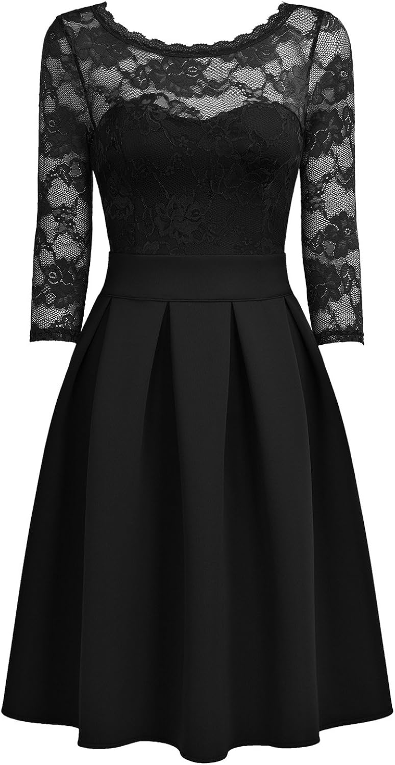 Miusol Women's Vintage Floral Lace 2/3 Sleeve Bridesmaid Party Dress: Clothing
