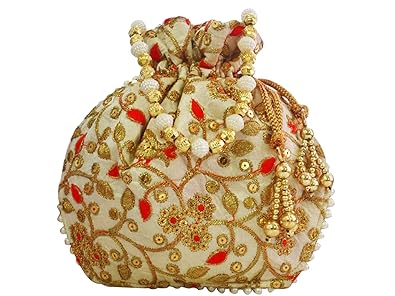AyA Fashion Designer Royal Ethnic Clutch Silk Potli Batwa Bag with Beads Work |Hand embroidered Design|Rajasthani Style|Goes well with Traditional wear Bridal Purse, Partywear, shadi |Suitable for Mobile