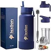 Lexlion Tea Infuser Water Bottle 32 Oz – Triple Wall Insulated Stainless Steel, Loose Leaf & Fruit Strainer, 3 Leakproof Lids, BPA-Free Silicone Sleeve, Reusable Thermal Mug