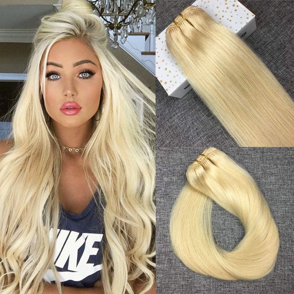 Reysaina 18inch 7Pcs 85g Per Set Clip in Hair Extensions Real Human Hair #613 Straight Full Head Clip in Extensions Blonde Hair Extensions Clip in