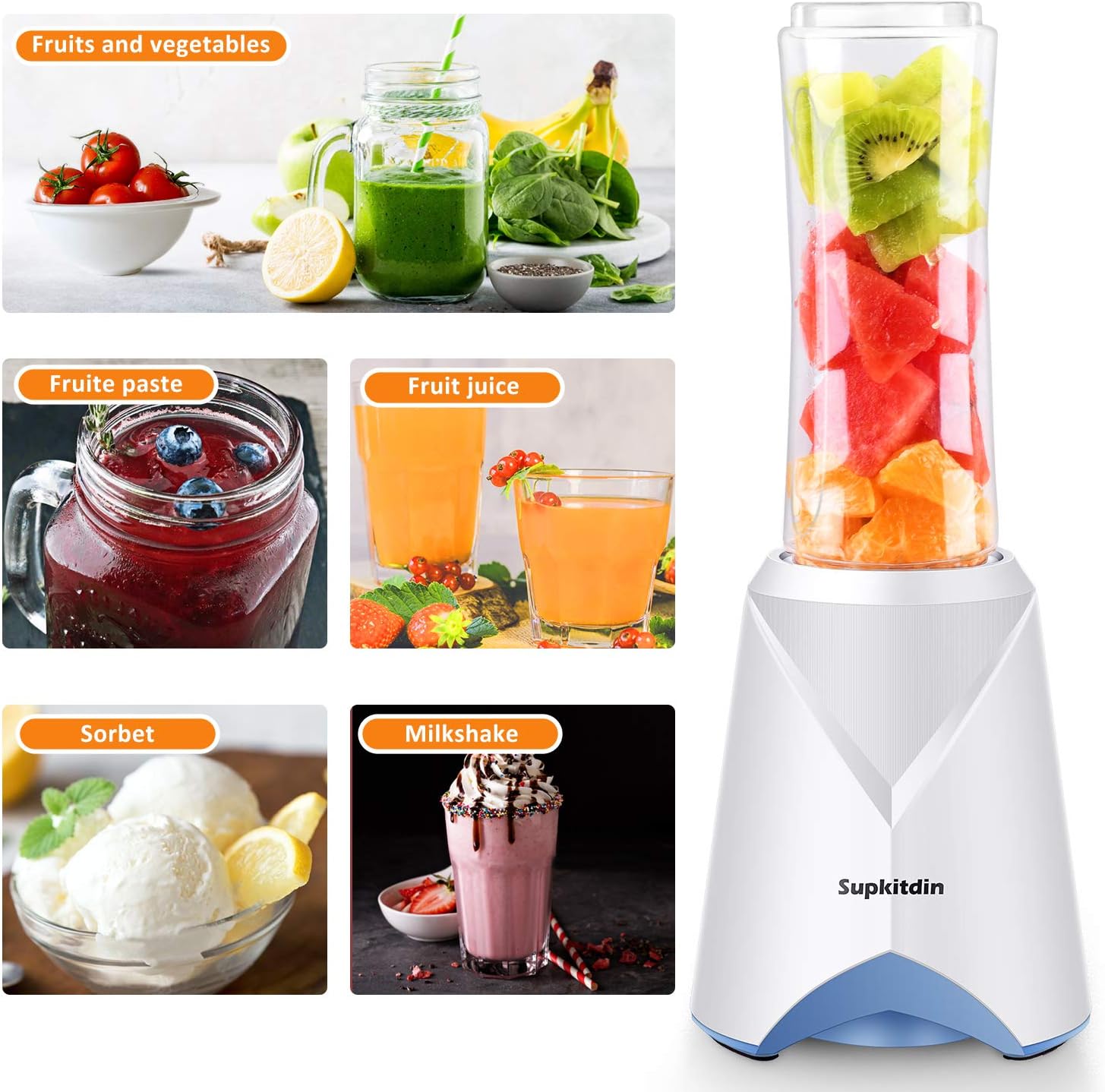 Personal Blender, Supkitdin Single Serve Blender Smoothie Blender for Fruits and Vegetables with 2 * 20oz BPA-Free Travel Sport Bottles: Kitchen & Dining