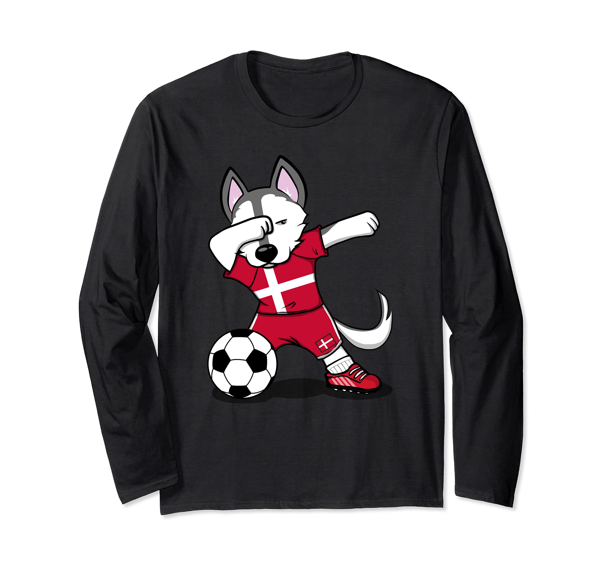 Funny Dabbing Husky Dog Denmark Football Danish Flag Soccer Long Sleeve T-Shirt