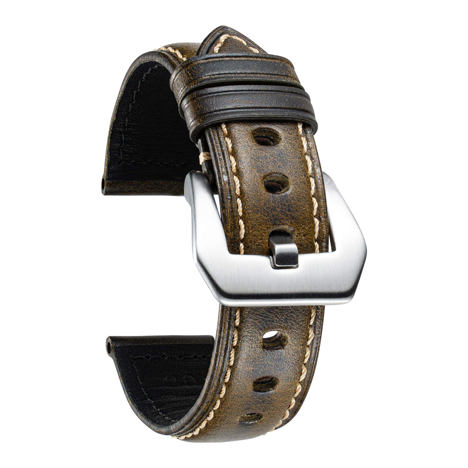 BINLUN Retro Leather Watch Strap for Men 18mm 20mm 22mm 24mm 26mm Handmade Oil Waxed Leather Strap Replacement Vintage Watch Band Stainless Steel Buckle(Olive Green/Silver Buckle,22mm)