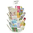Greeting Card Rack with Twenty-Four 5 x 7 Pockets for Countertop Use, 29 Inch Tall Four - Tier Hexagon Wire Display Stand - White Wire with Plastic Base and Sign Holder