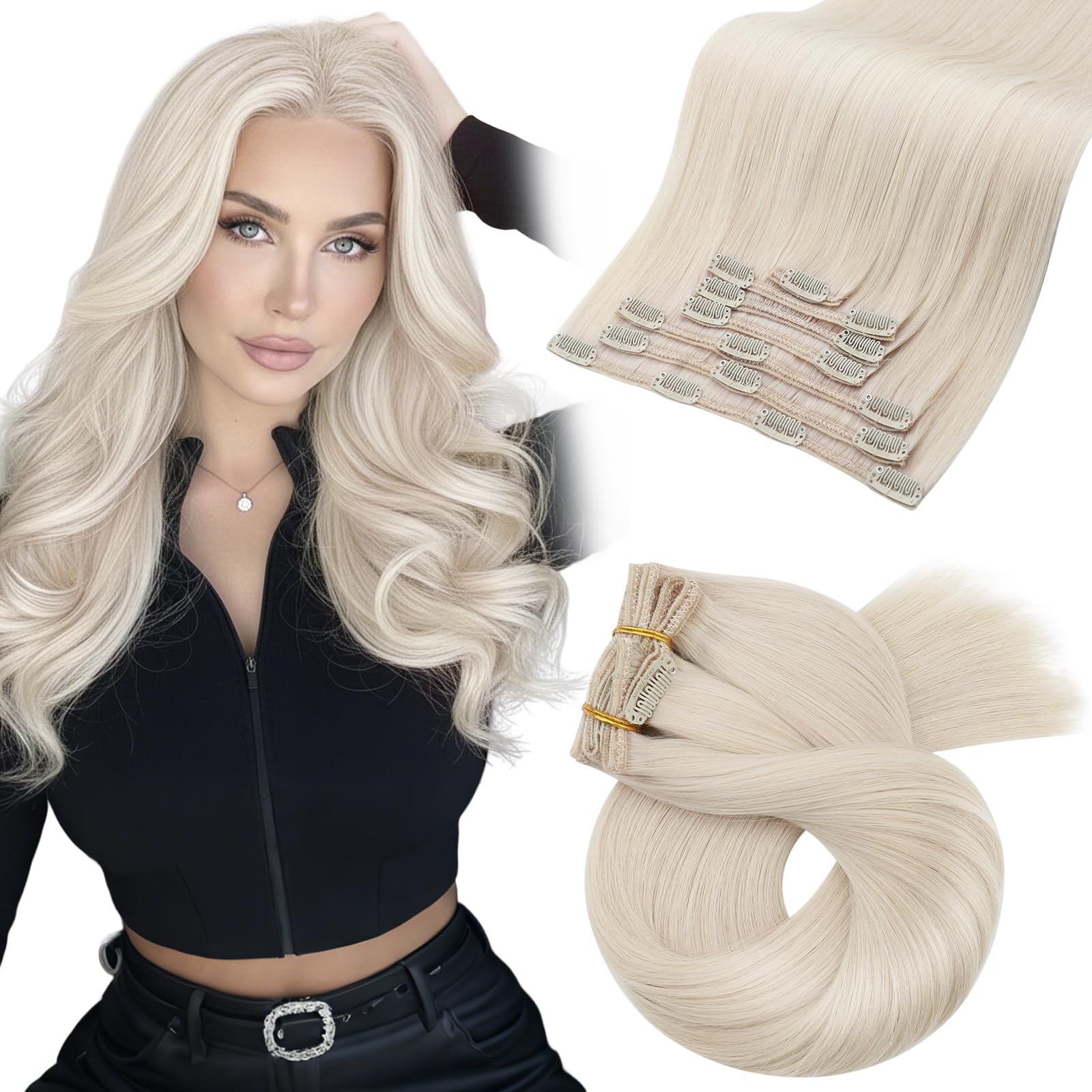 Moresoo Hair Extensions Clip in Real Human Hair White Blonde 120g 18 Inch 7pcs Invisible Clip in Human Hair Extensions Blonde Remy Hair #60A