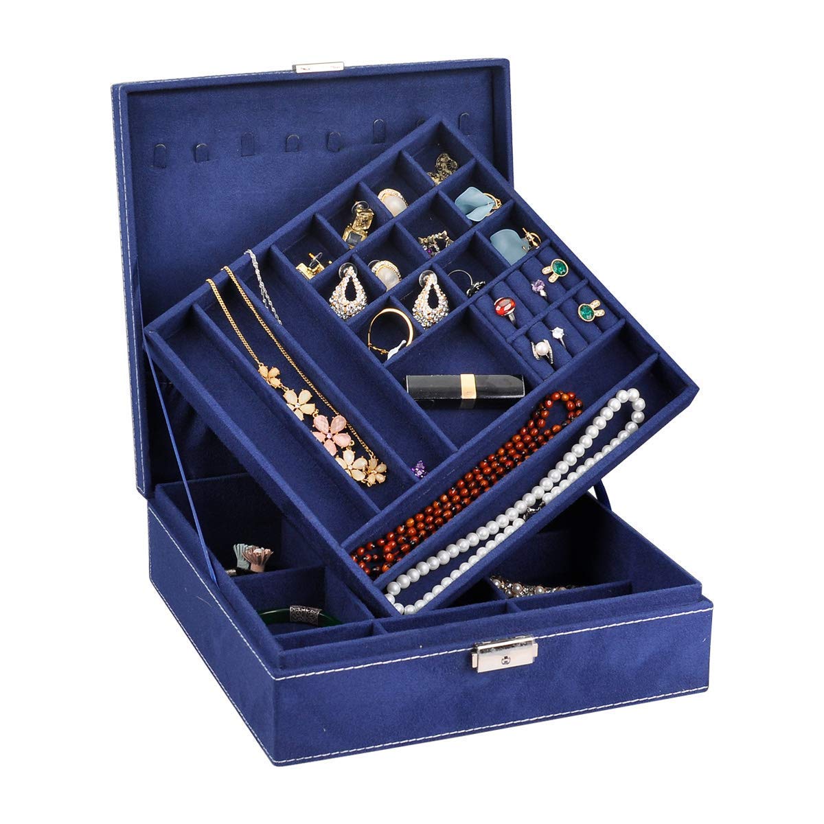 NirongLavie 2-layer Square-shaped Jewellery Box Suede Jewelry Organizer Storage with Lock Dark blue