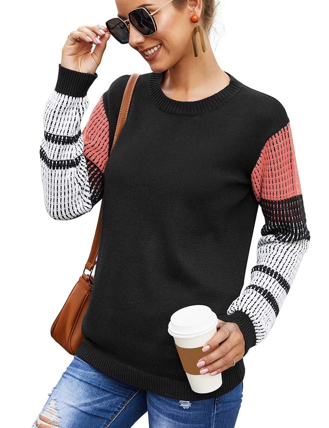 Photo 1 of koitmy Women's Cute Contrast Sleeve Knitted Pullover Sweater Black M