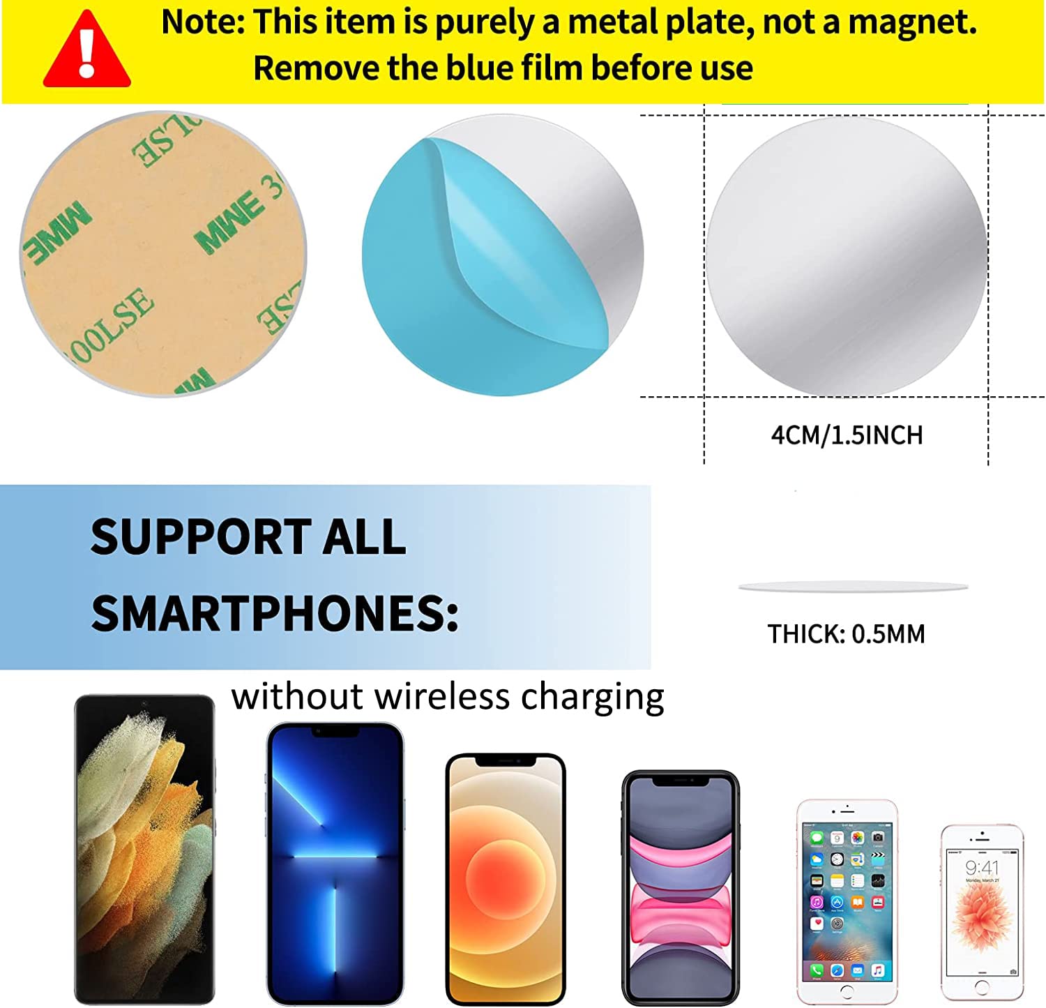 Phone Metal Plates for Magnetic Car Mount, Wall, Phone Holder. Replacement Set of 16 Silver Round Iron Discs Without Holes. 3M Adhesive Thin Steel Cell Phone Case Back Magnet Stickers 16 Pack.