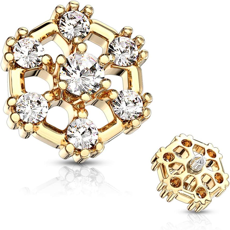 MoBody 7 CZ Hexagonal Top Surgical Steel Internally Threaded Dermal Anchor Body Piercing Top 14G